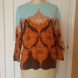 J. McLaughlin Teal and Orange Patterned Long Sleeve Top